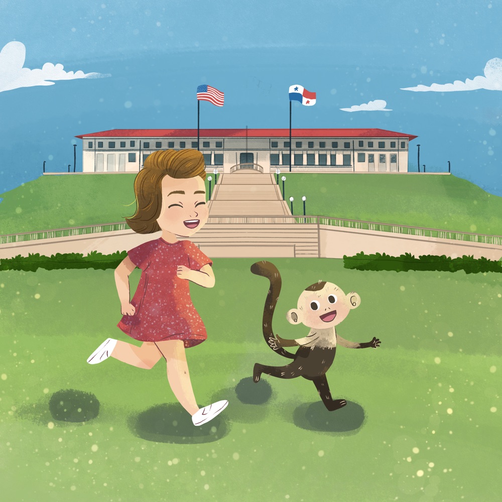 Illustration of Nancy and Linus the capuchin monkey running together in front of the Panama Canal Zone administration building